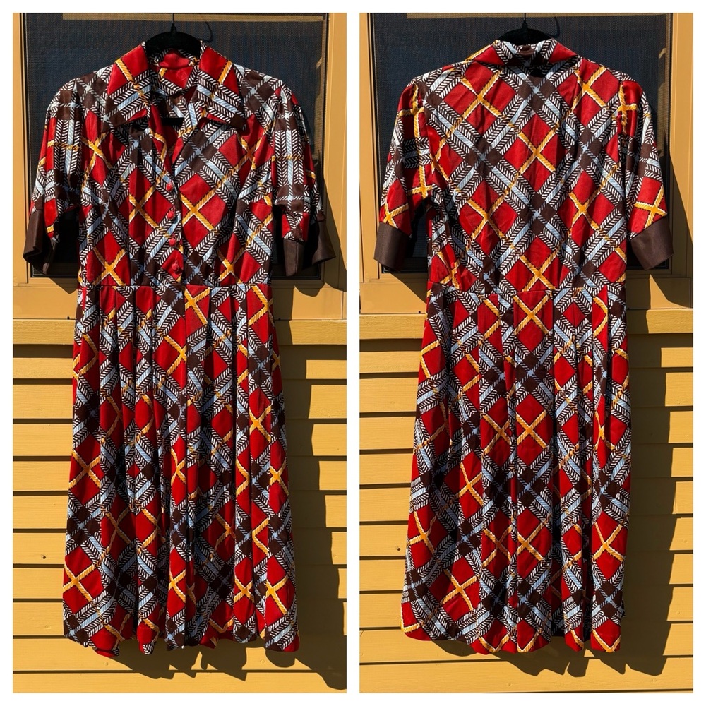 Retro Geometric Shirt Dress Handmade Red Gold Buttons Trellis Holiday Party Chic - Picture 2 of 12